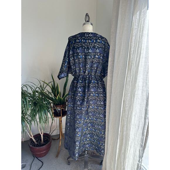 Women's L Dress Navy Blue Chinese Brocade Printed Puff Sleeve Vintage - Picture 3 of 3